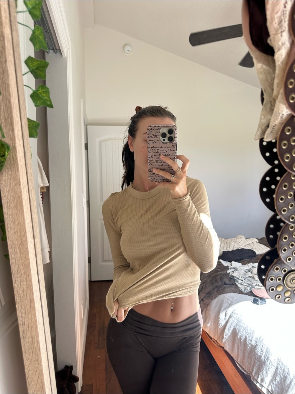 Free People Ribbed Long-Sleeve Crewneck Top in Beige
